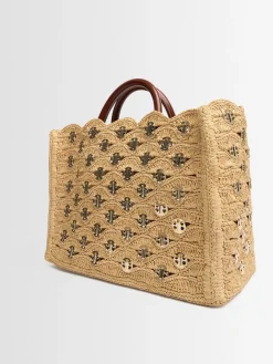 Borsa shopping in rafia con ricami