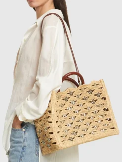 Borsa shopping in rafia con ricami