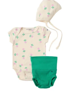 Cotton blend romper, diaper cover & hat