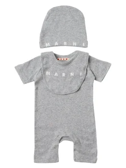 Cotton logo romper, hat & bib