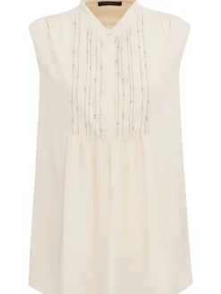 Crepe de chine long top w/ lace trim