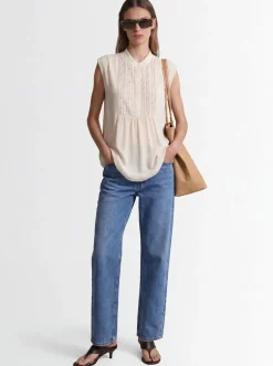 Crepe de chine long top w/ lace trim