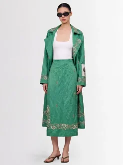 Embellished textured satin pencil skirt