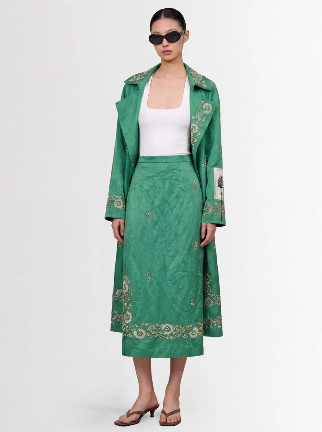 Embellished textured satin pencil skirt