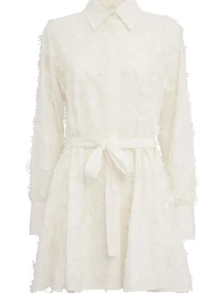 Embroidered mini shirt dress w/ belt