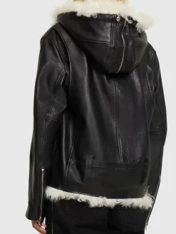 Giacca biker in pelle e shearling / cappuccio
