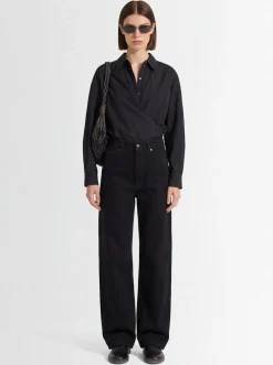 High waist curved cotton pants
