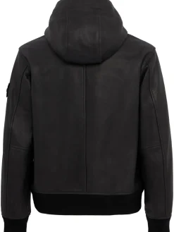 Leather zip-up hooded jacket