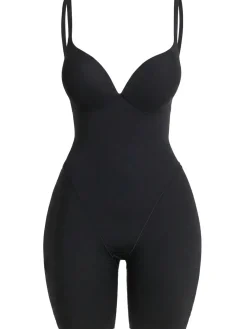 Nylon blend plunge mid thigh bodysuit