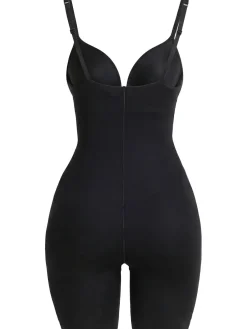 Nylon blend plunge mid thigh bodysuit
