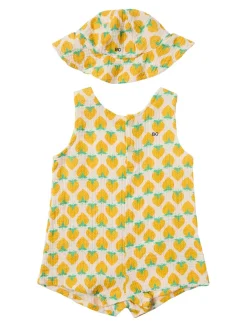 Printed cotton romper & hat