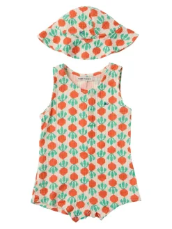 Printed cotton romper & hat