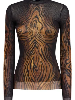 Top a maniche lunghe Wood in mesh stampato